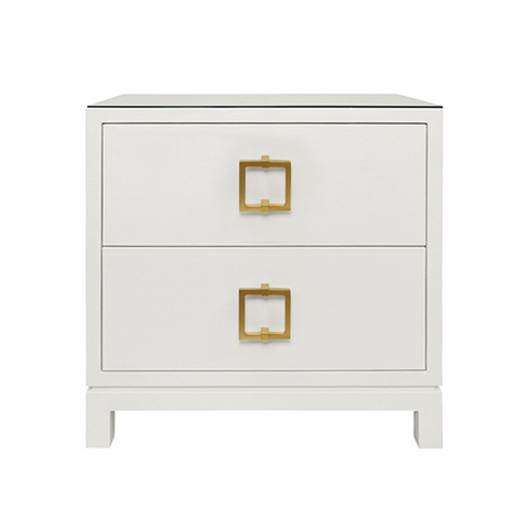 Cole Textured White Linen Two Drawer Side Table with Glass Top and Satin Brass Drawer Pulls