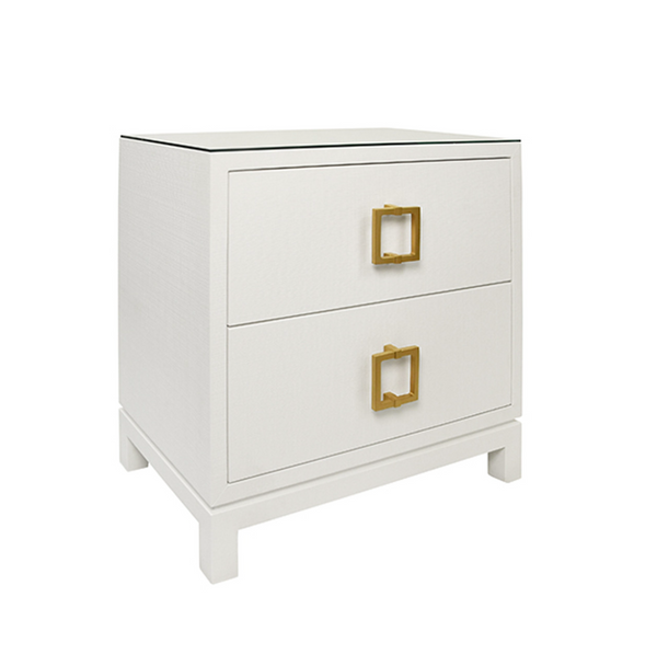 Cole Textured White Linen Two Drawer Side Table with Glass Top and Satin Brass Drawer Pulls