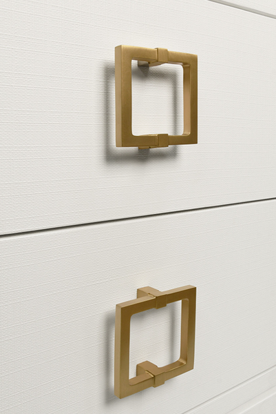 Cole Textured White Linen Two Drawer Side Table with Glass Top and Satin Brass Drawer Pulls