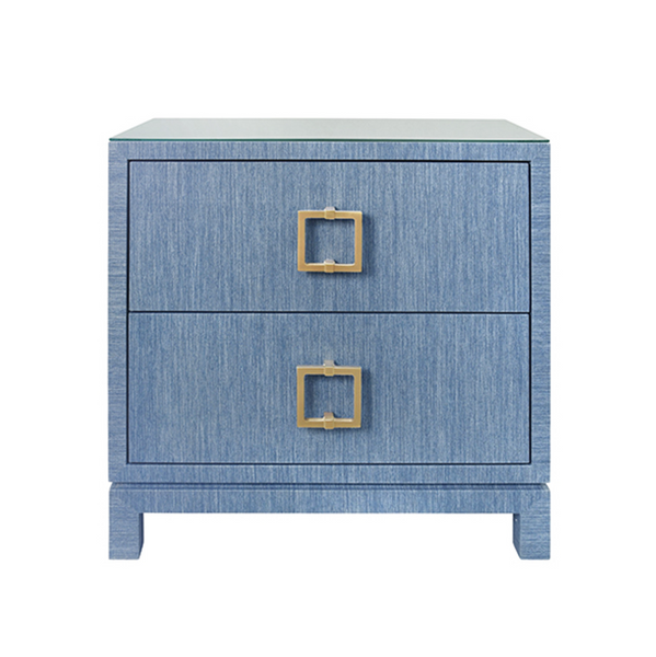 Cole Textured Blue Linen Two Drawer Side Table with Glass Top and Satin Brass Drawer Pulls