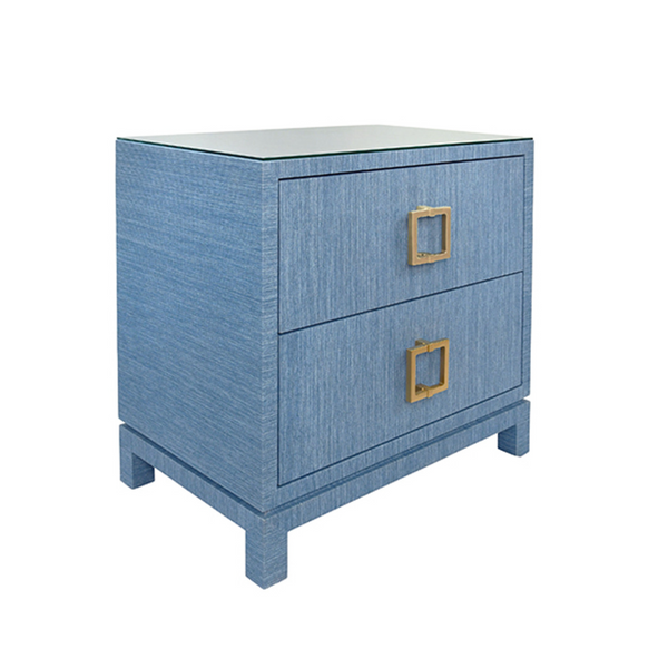 Cole Textured Blue Linen Two Drawer Side Table with Glass Top and Satin Brass Drawer Pulls
