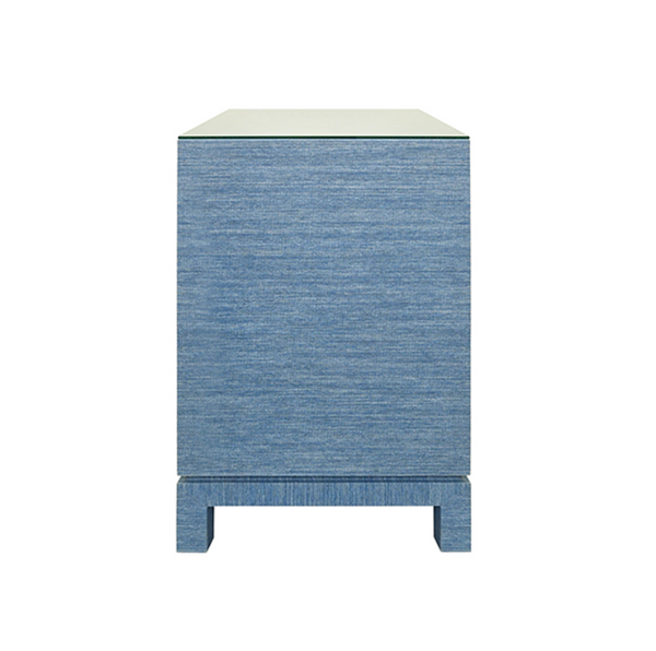 Cole Textured Blue Linen Two Drawer Side Table with Glass Top and Satin Brass Drawer Pulls