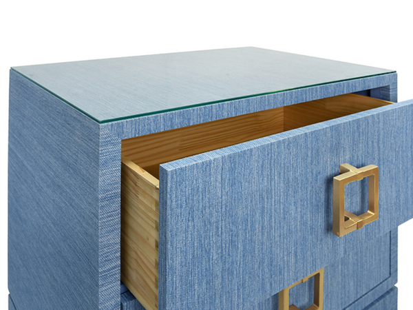 Cole Textured Blue Linen Two Drawer Side Table with Glass Top and Satin Brass Drawer Pulls