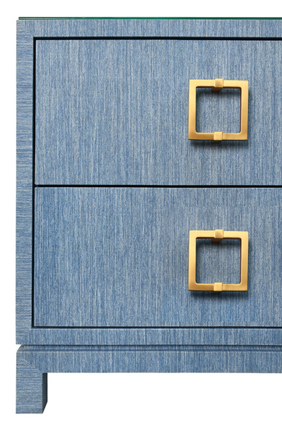 Cole Textured Blue Linen Two Drawer Side Table with Glass Top and Satin Brass Drawer Pulls