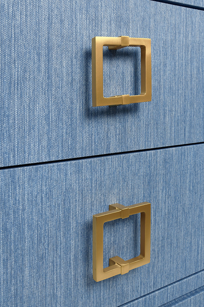 Cole Textured Blue Linen Two Drawer Side Table with Glass Top and Satin Brass Drawer Pulls