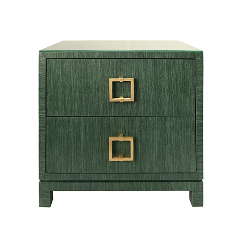 Cole Green Textured Linen Side Table with Glass Top and Satin Brass Drawer Pulls