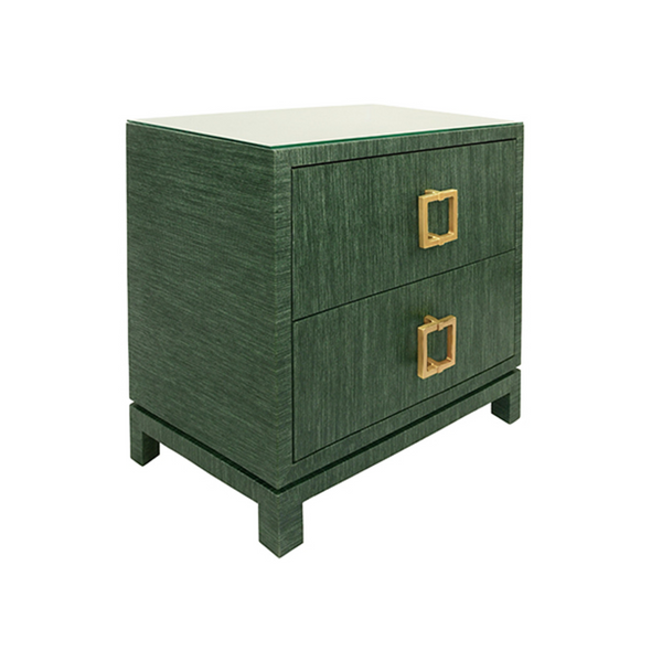 Cole Green Textured Linen Side Table with Glass Top and Satin Brass Drawer Pulls