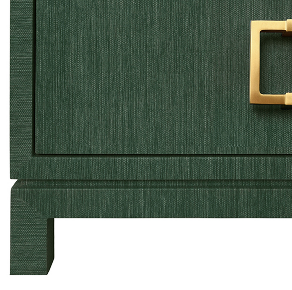 Cole Green Textured Linen Side Table with Glass Top and Satin Brass Drawer Pulls