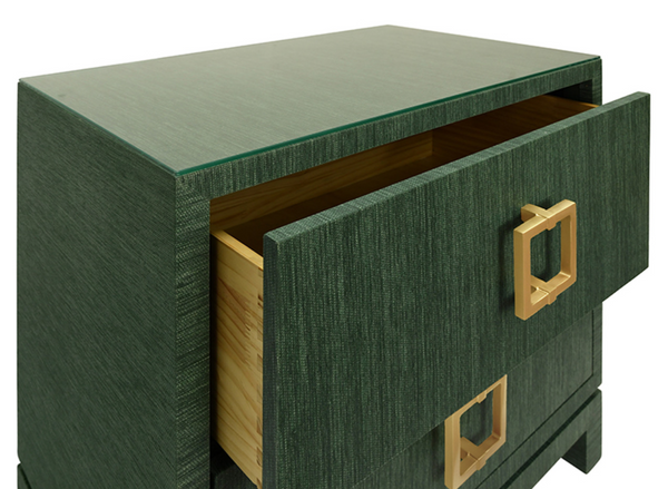 Cole Green Textured Linen Side Table with Glass Top and Satin Brass Drawer Pulls