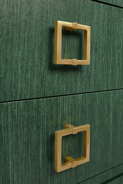 Cole Green Textured Linen Side Table with Glass Top and Satin Brass Drawer Pulls