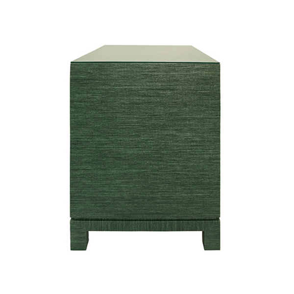Cole Green Textured Linen Side Table with Glass Top and Satin Brass Drawer Pulls