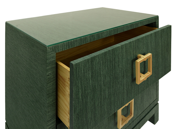 Cole Green Textured Linen Side Table with Glass Top and Satin Brass Drawer Pulls