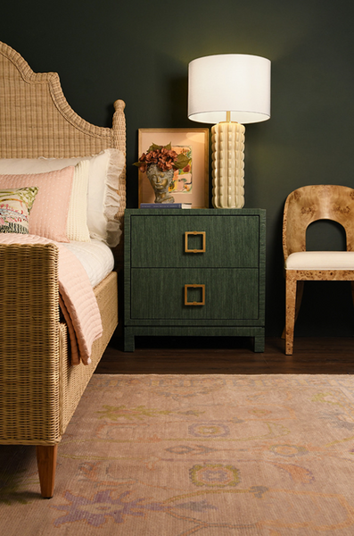 Cole Green Textured Linen Side Table with Glass Top and Satin Brass Drawer Pulls