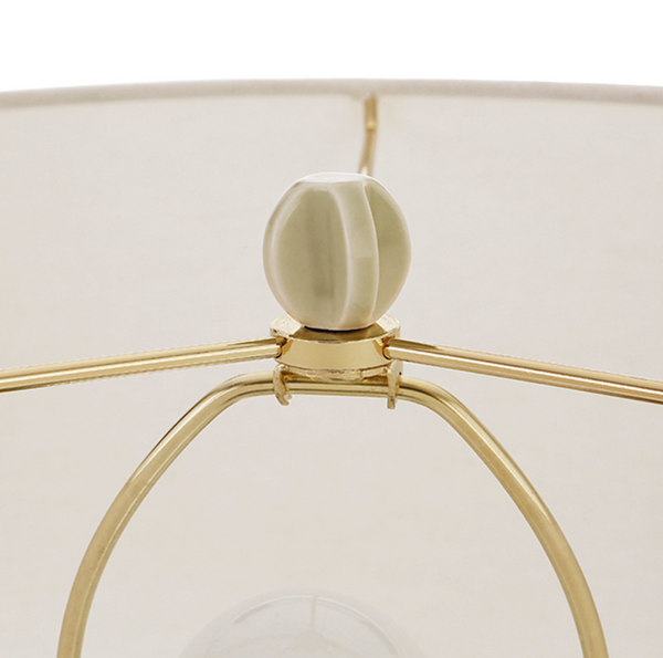 CeCe Beige Glazed Scalloped Ceramic Table Lamp with White Linen Shade, Ceramic Finial, and Brass Accent