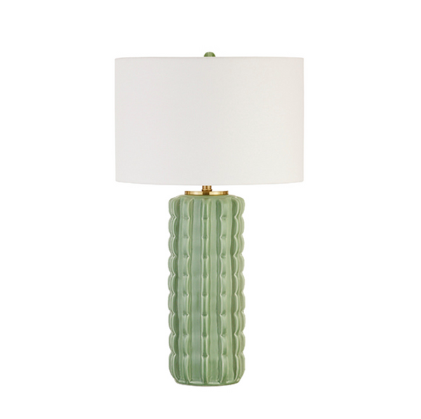 CeCe Celadon Glazed Scalloped Ceramic Table Lamp with White Linen Shade, Brass Accent, and Celadon Ceramic Finial