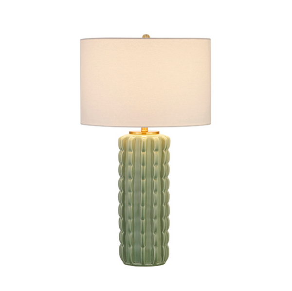 CeCe Celadon Glazed Scalloped Ceramic Table Lamp with White Linen Shade, Brass Accent, and Celadon Ceramic Finial