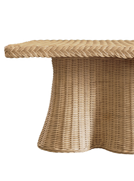 Britney Natural Woven Rattan Rectangular Scalloped Skirt Coffee Table with Braided Edge