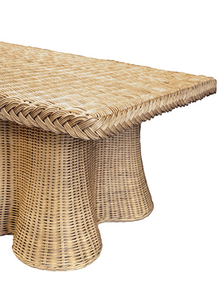 Britney Natural Woven Rattan Rectangular Scalloped Skirt Coffee Table with Braided Edge