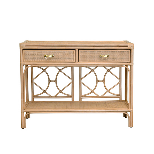 Gideon Natural Rattan Two Drawer Console with Decorative Back