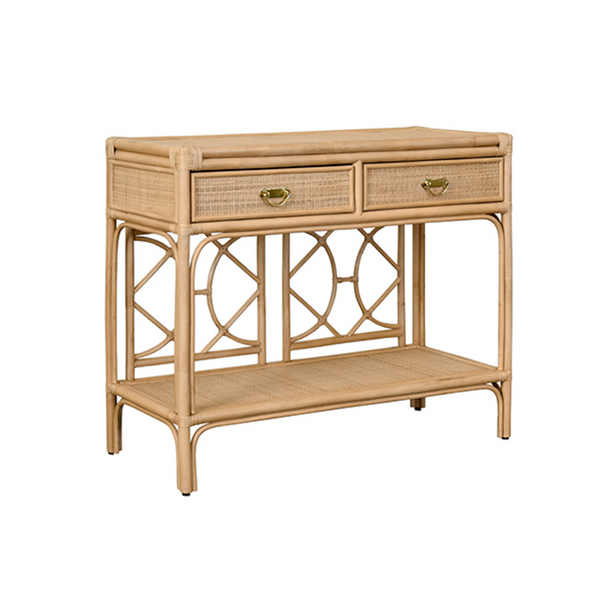 Gideon Natural Rattan Two Drawer Console with Decorative Back