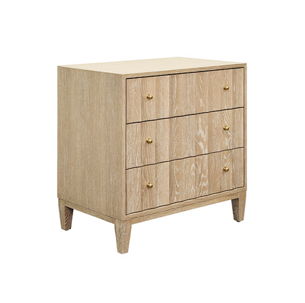 Carmack Fluted Cerused Oak Three Drawer Side Table with Brass Knobs