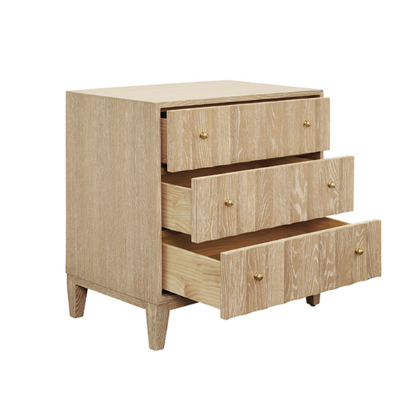 Carmack Fluted Cerused Oak Three Drawer Side Table with Brass Knobs
