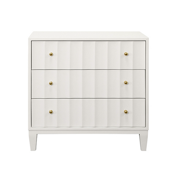 Carmack Fluted Matte White Lacquer Three Drawer Side Table with Brass Knobs