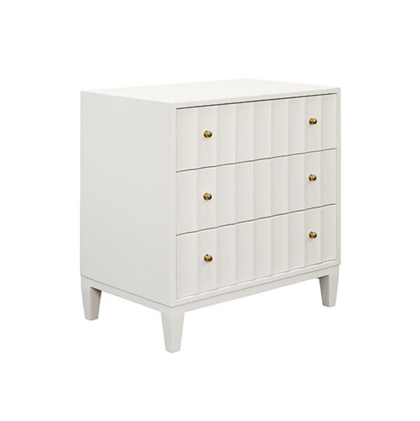 Carmack Fluted Matte White Lacquer Three Drawer Side Table with Brass Knobs