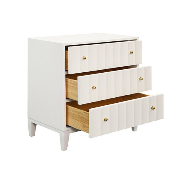 Carmack Fluted Matte White Lacquer Three Drawer Side Table with Brass Knobs