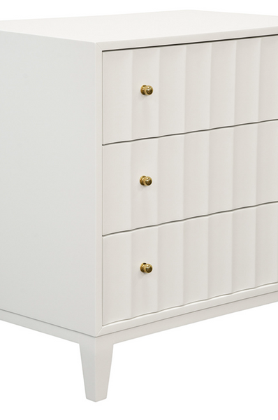 Carmack Fluted Matte White Lacquer Three Drawer Side Table with Brass Knobs