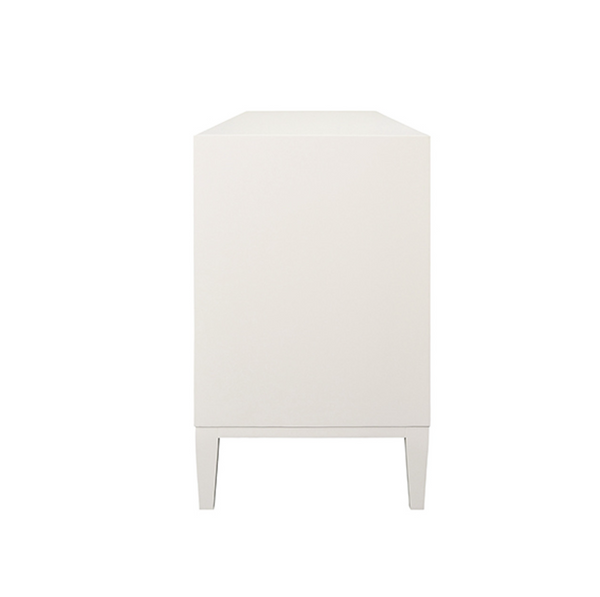 Carmack Fluted Matte White Lacquer Three Drawer Side Table with Brass Knobs