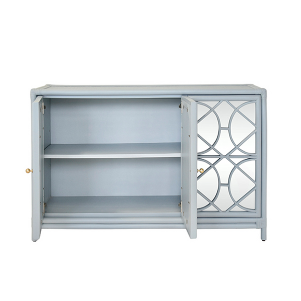 Aria Light Blue Rattan Three Door Buffet Cabinet with Mirror Front Doors and Adjustable Shelves