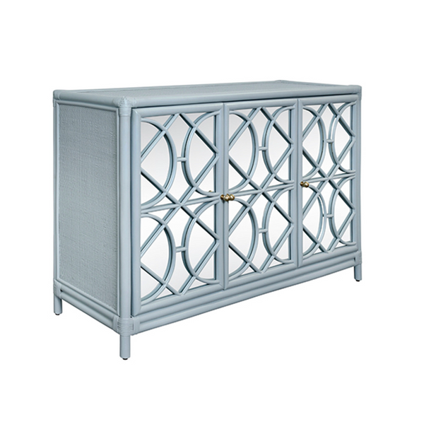 Aria Light Blue Rattan Three Door Buffet Cabinet with Mirror Front Doors and Adjustable Shelves