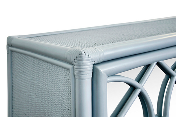 Aria Light Blue Rattan Three Door Buffet Cabinet with Mirror Front Doors and Adjustable Shelves