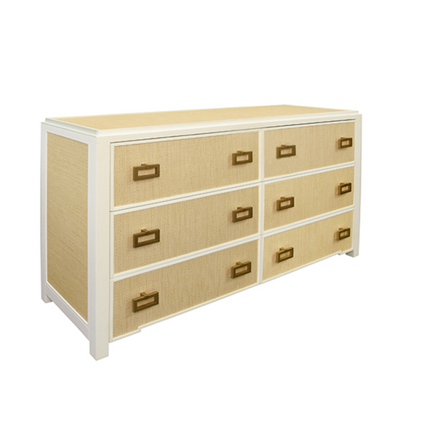 Atticus Natural Grasscloth and Matte White Lacquer Six Drawer Chest with Satin Brass Drawer Pulls