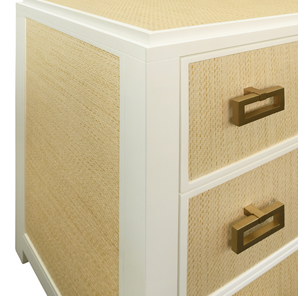 Atticus Natural Grasscloth and Matte White Lacquer Six Drawer Chest with Satin Brass Drawer Pulls