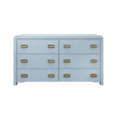 Atticus Light Blue Grasscloth and Matte Lacquer Six Drawer Chest with Satin Brass Drawer Pulls