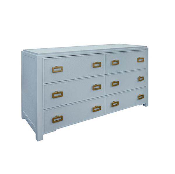 Atticus Light Blue Grasscloth and Matte Lacquer Six Drawer Chest with Satin Brass Drawer Pulls