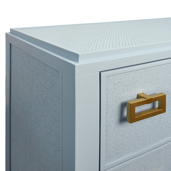 Atticus Light Blue Grasscloth and Matte Lacquer Six Drawer Chest with Satin Brass Drawer Pulls