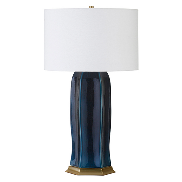 Barron Navy Gloss Glaze Ceramic Table Lamp with Satin Brass Accents and White Linen Shade