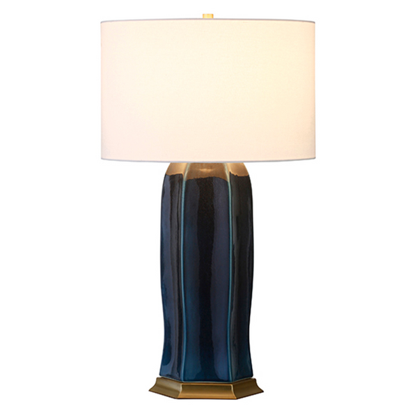 Barron Navy Gloss Glaze Ceramic Table Lamp with Satin Brass Accents and White Linen Shade
