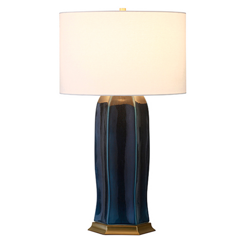 Barron Navy Gloss Glaze Ceramic Table Lamp with Satin Brass Accents and White Linen Shade