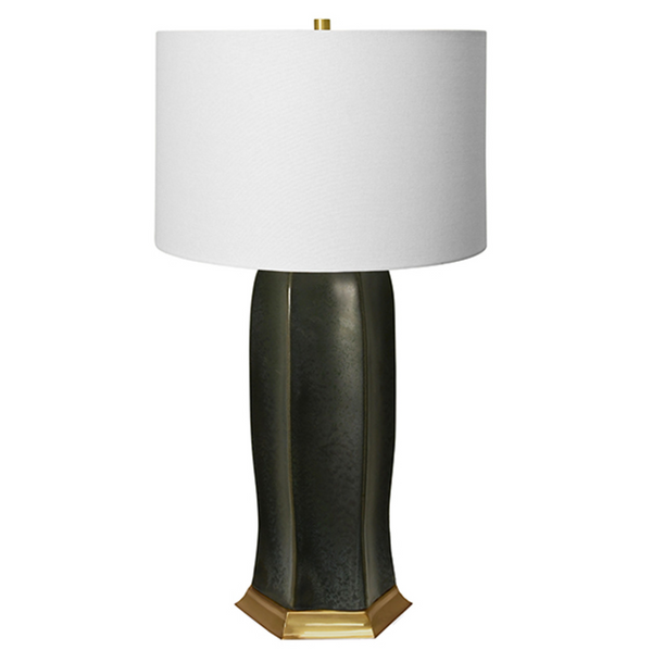 Barron Black Oxidized Glaze Ceramic Table Lamp with Satin Brass Accents and White Linen Shade
