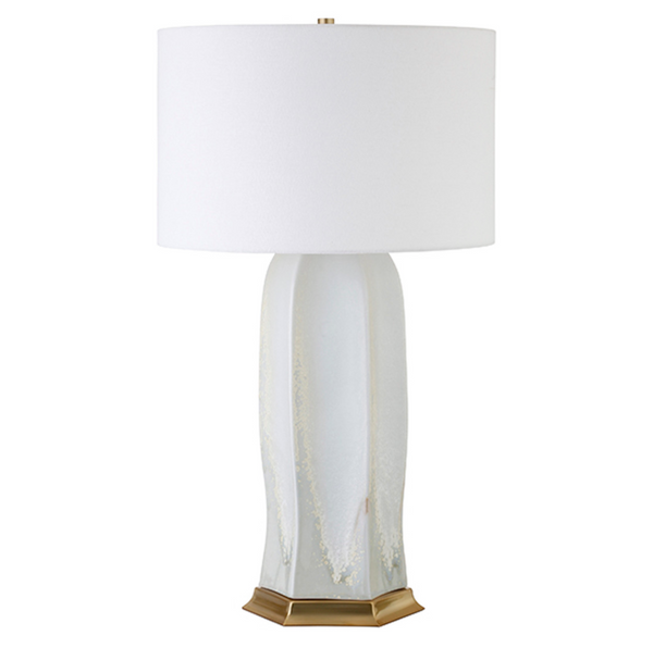 Barron White Reactive Glaze Ceramic Table Lamp with Brass Accents and White Linen Shade