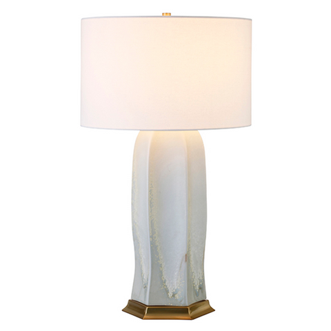 Barron White Reactive Glaze Ceramic Table Lamp with Brass Accents and White Linen Shade