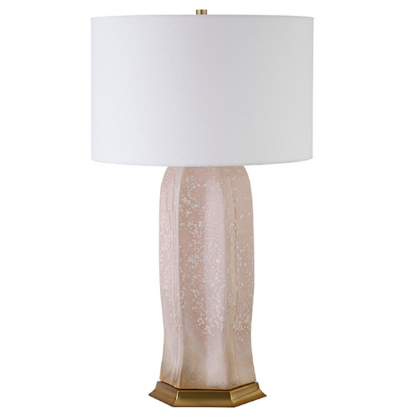 Barron Blush Reactive Glaze Ceramic Table Lamp with Brass Accents and White Linen Shade