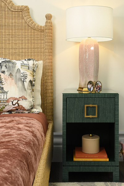 Barron Blush Reactive Glaze Ceramic Table Lamp with Brass Accents and White Linen Shade