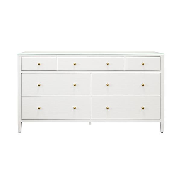Carnegie Textured White Linen, Glass Top, Seven Drawer Chest with Brass Knobs