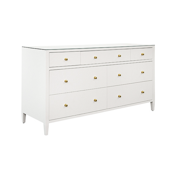 Carnegie Textured White Linen, Glass Top, Seven Drawer Chest with Brass Knobs