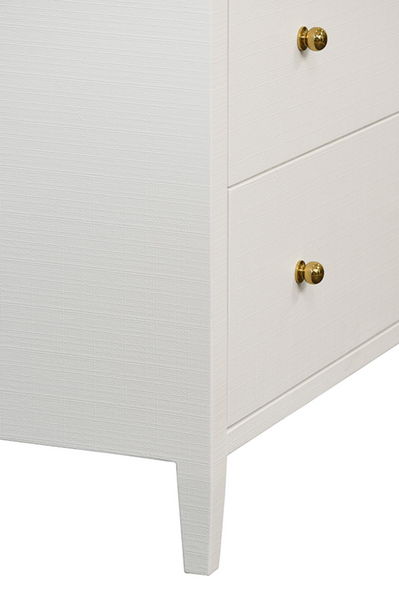 Carnegie Textured White Linen, Glass Top, Seven Drawer Chest with Brass Knobs